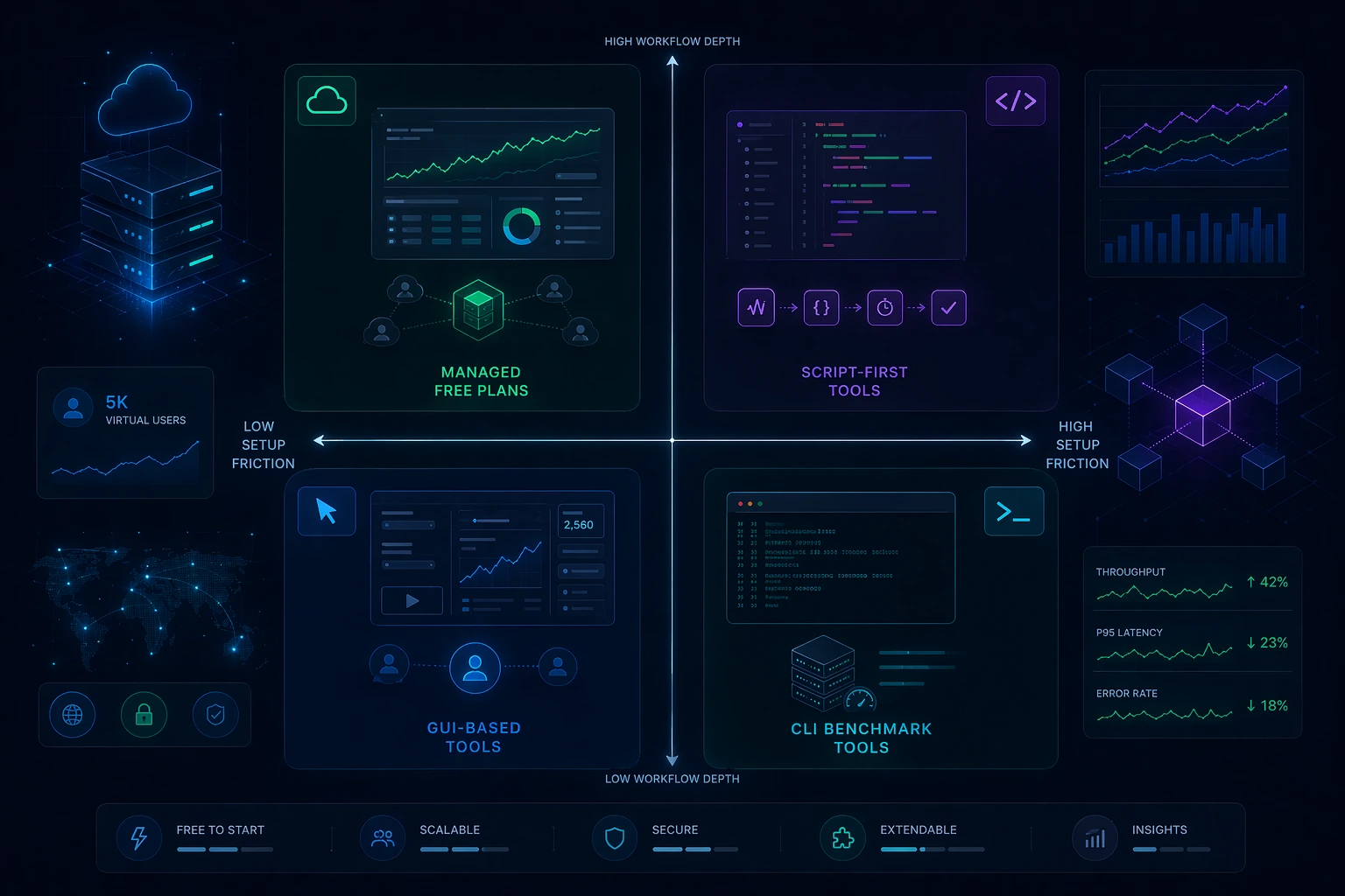 Graphical matrix comparing free load testing tool categories by setup friction and workflow depth.