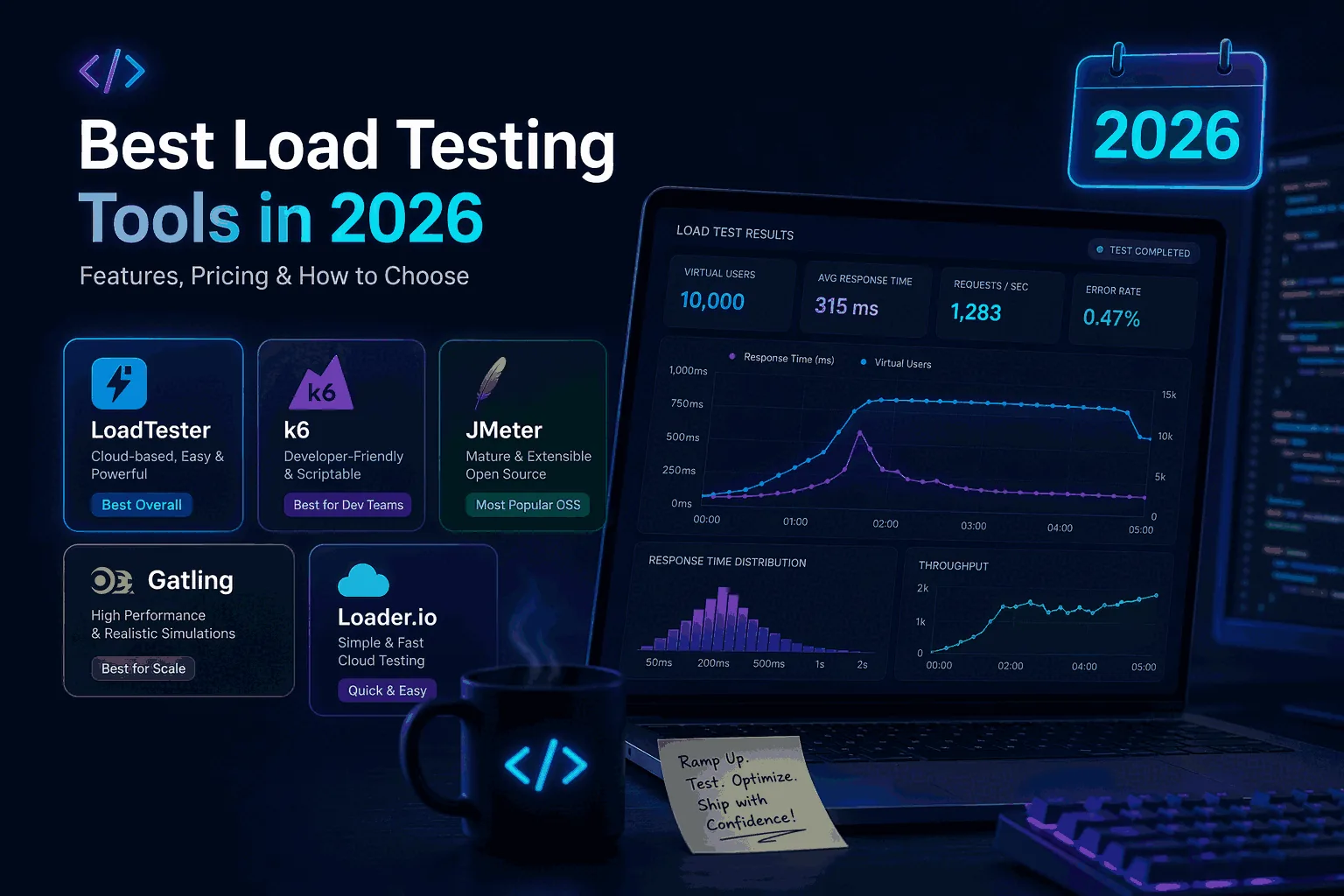 Comparison matrix of load testing tools scored across setup friction, scripting model, thresholds, and CI integration.
