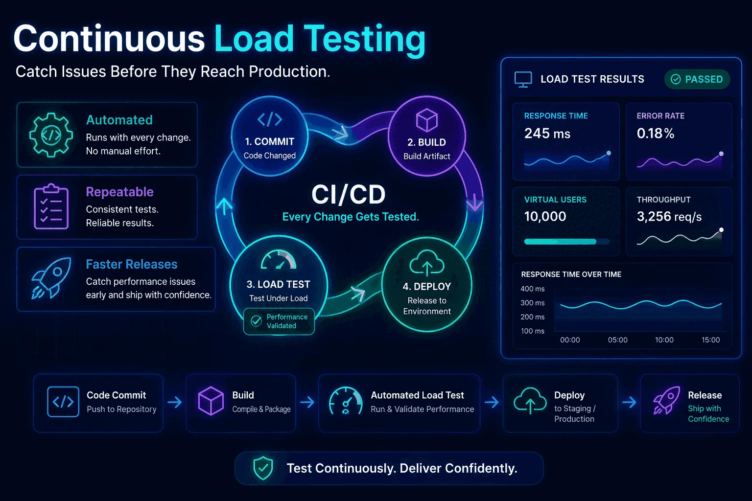 Continuous integration pipeline timeline with passing and failing load test stages alongside scheduled baseline runs.