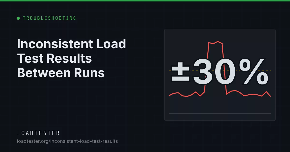 Chart of p95 latency from five identical load test runs scattered across a wide band, with the median and noise range marked.