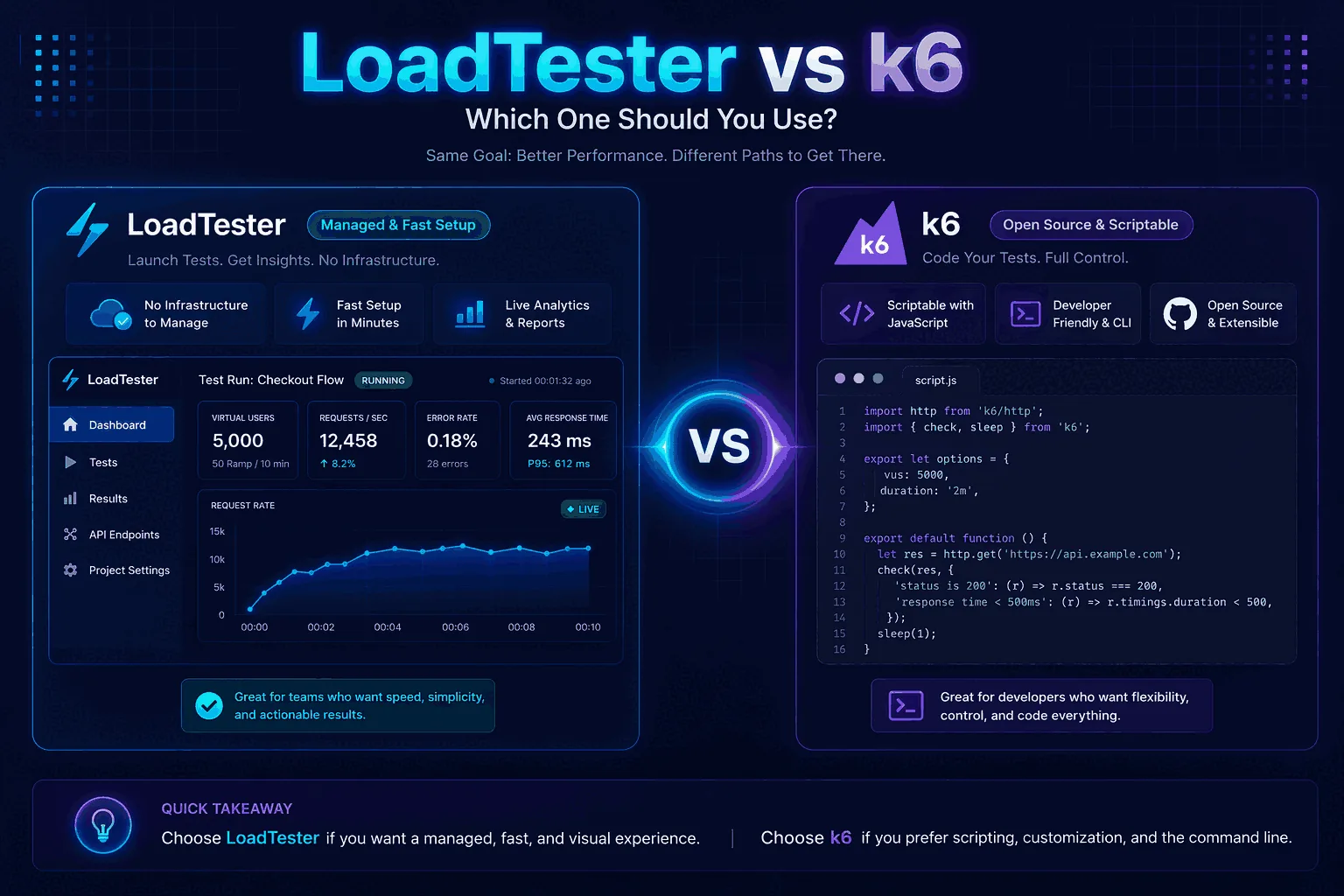 LoadTester versus k6 graphic comparing JavaScript-based load tests with managed test runs, thresholds, and team-readable reports.