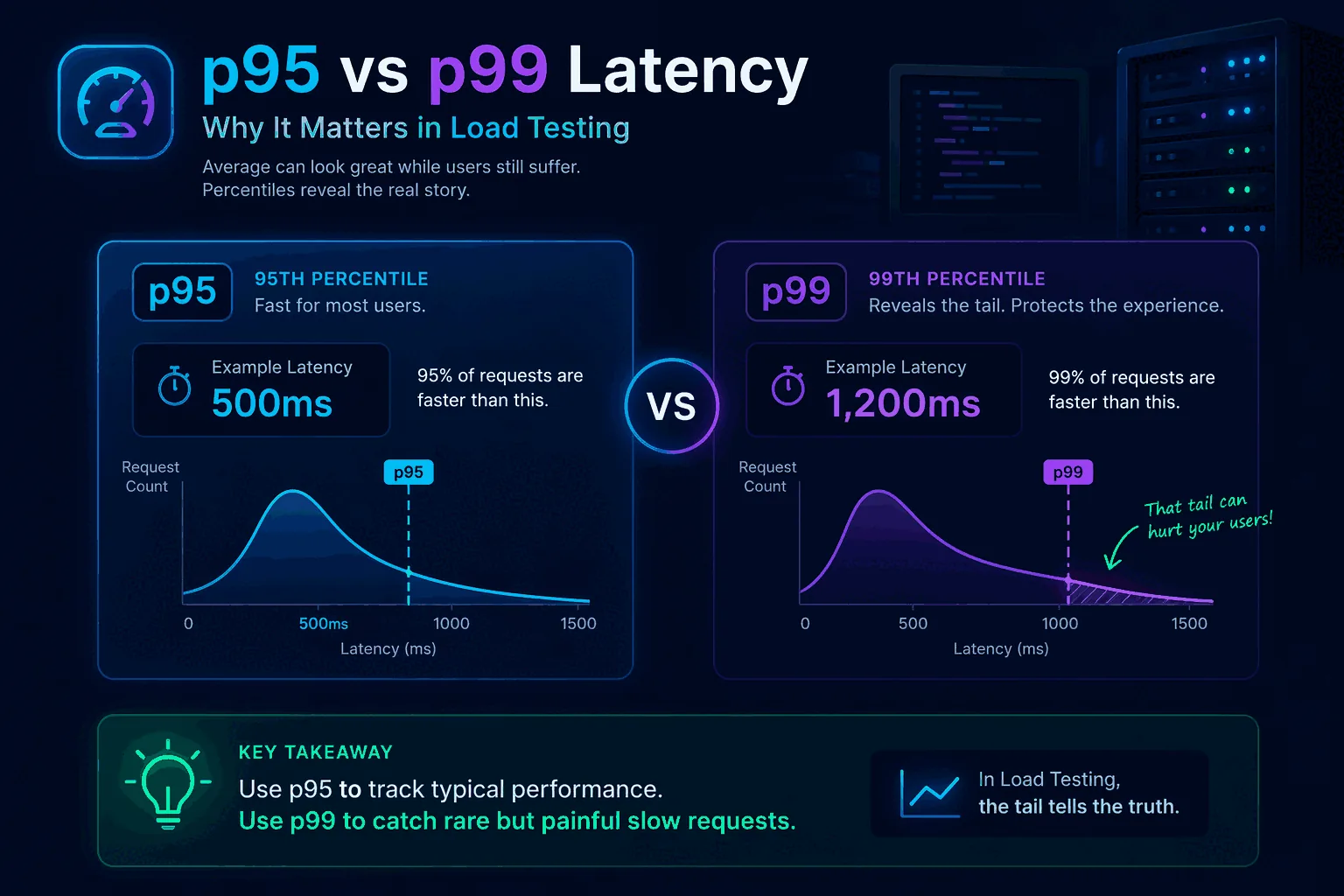 Latency distribution histogram highlighting p50, p95, and p99 markers in the slow tail of a response-time curve.