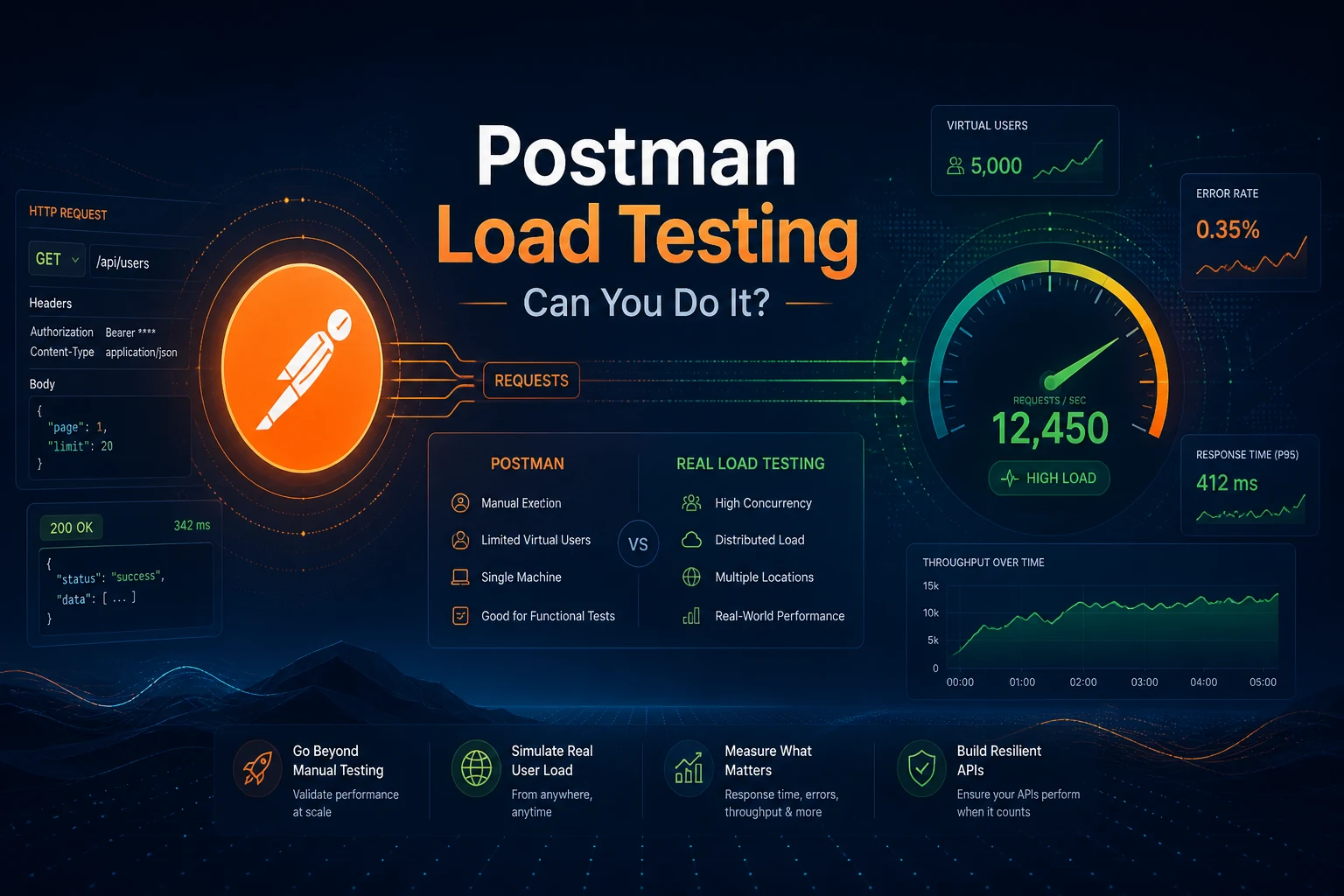 Dark futuristic illustration comparing Postman-style API request workflows with real load testing metrics and dashboards.