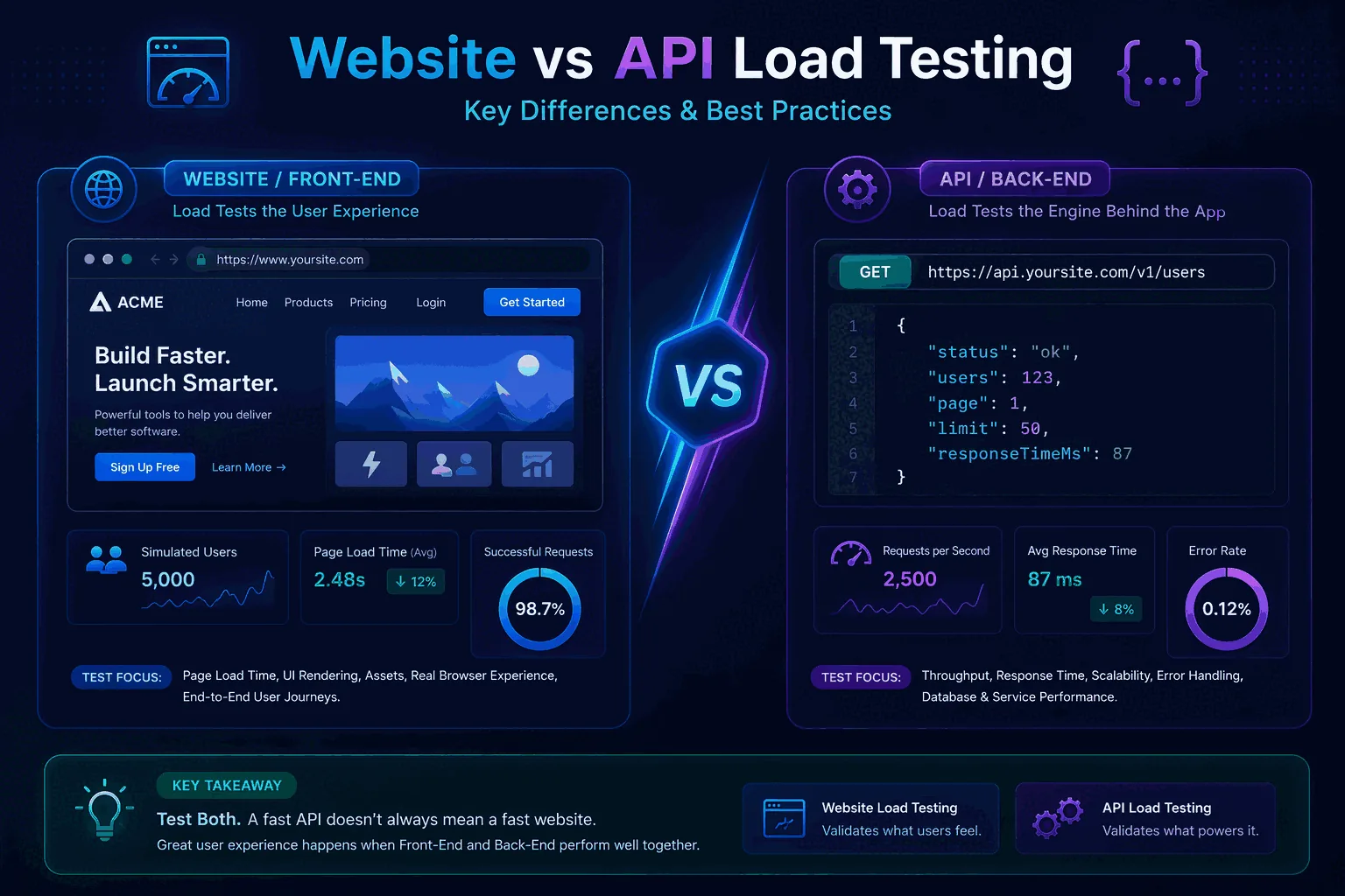 Split comparison poster: browser user journey metrics on the left, raw API throughput metrics on the right.