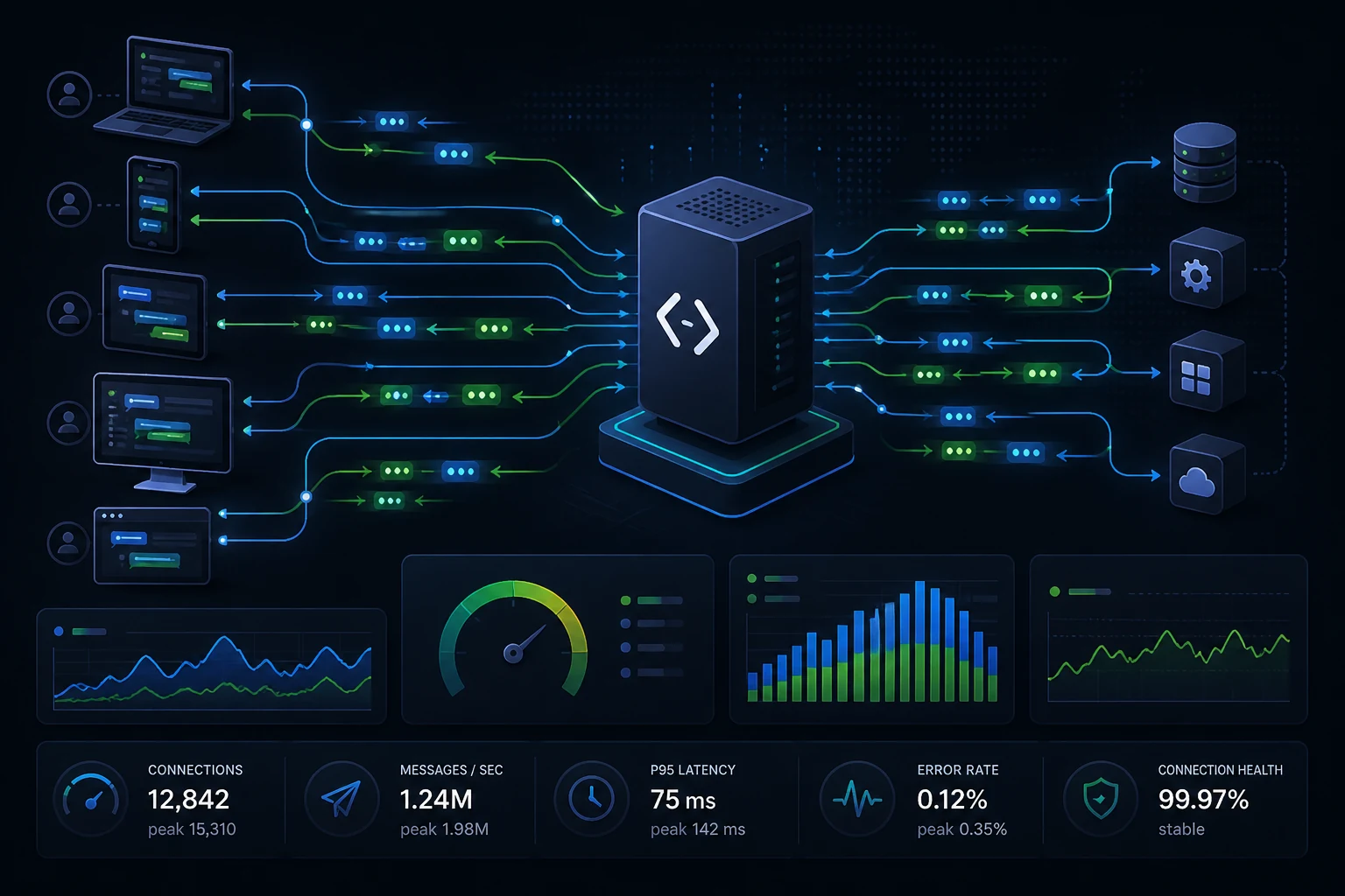 Illustration of many client devices connected to a central WebSocket server with bidirectional message flows and performance charts.