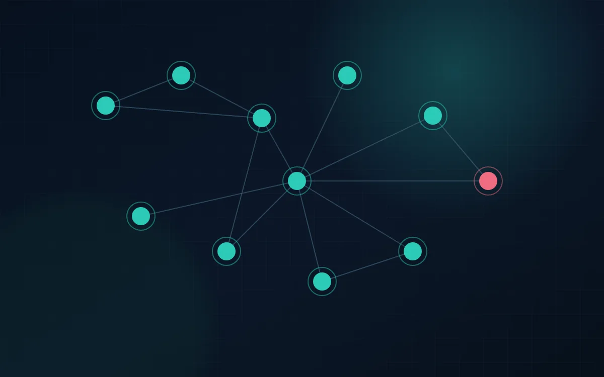 Interconnected microservice dependency graph with one stressed service highlighted.