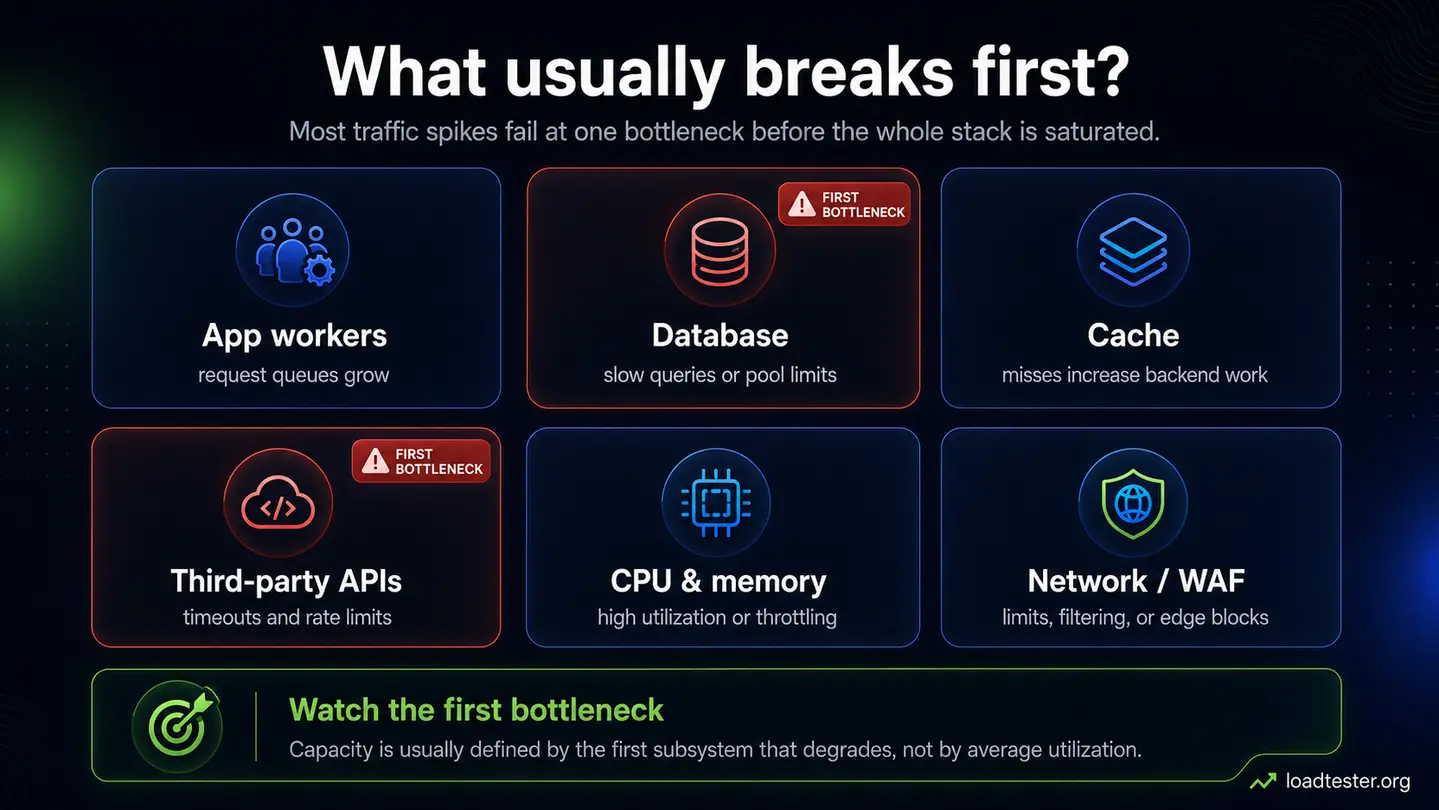 Infographic showing common first bottlenecks during website traffic spikes, including app workers, database, cache, third-party APIs, CPU and memory, and network or WAF limits.