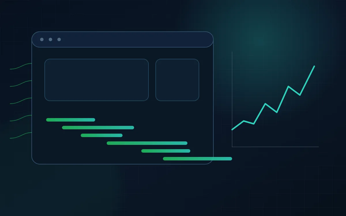 Browser performance illustration with request waterfall and response-time curve.
